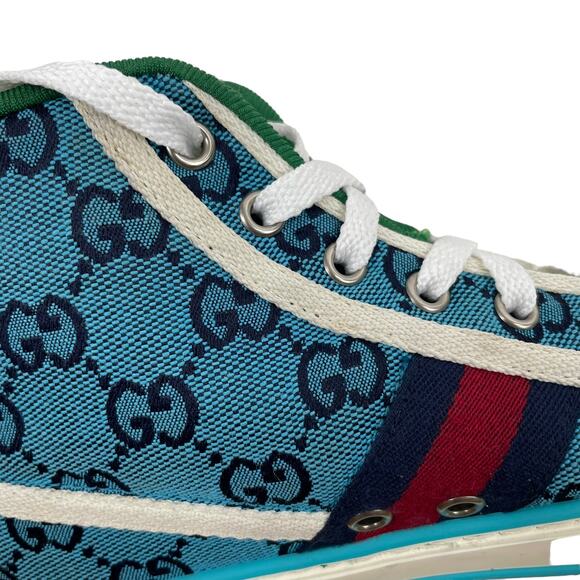 Gucci Tennis 1977 High Top Sneakers Turquoise Navy Logo Monogram Size 37 - Picture 8 of 11
